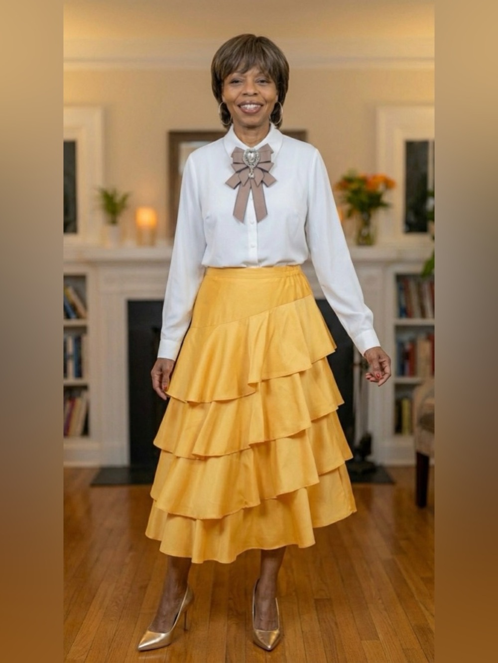 Giovanna Yellow Tiered Ruffle Midi Skirt Size 12 Elegant Church